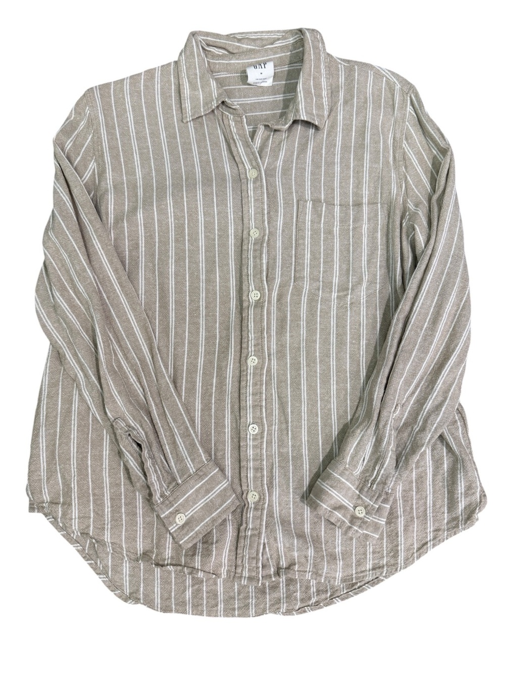 GAP Linen The Easy Shirt Khaki White Stripe Button Down Front Pocket Size Medium